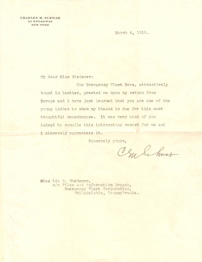 Charles M. Schwab signed Letter